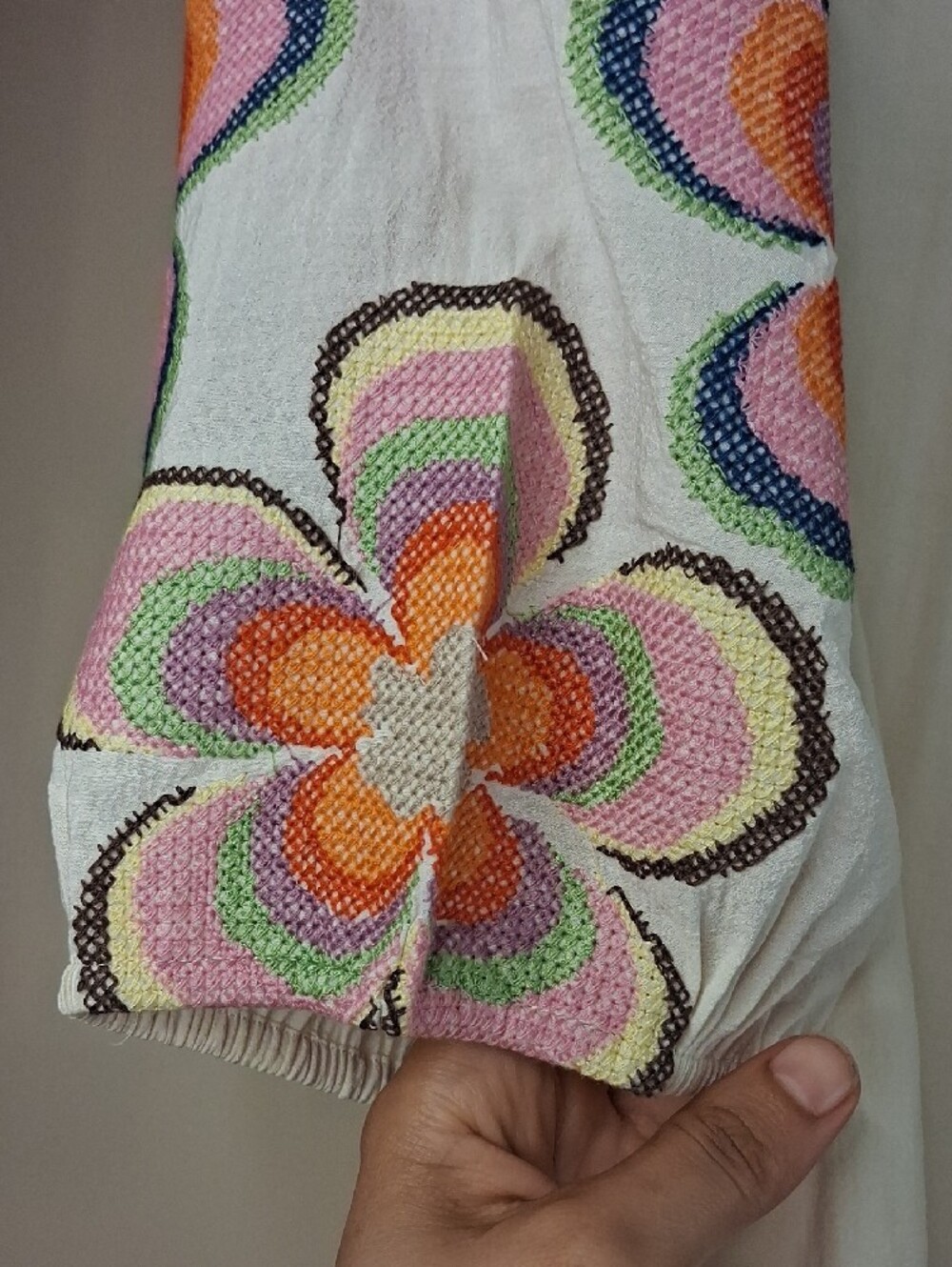 THML Cream Top with Colorful Embroidered Puff Sleeves - Picture 3 of 8